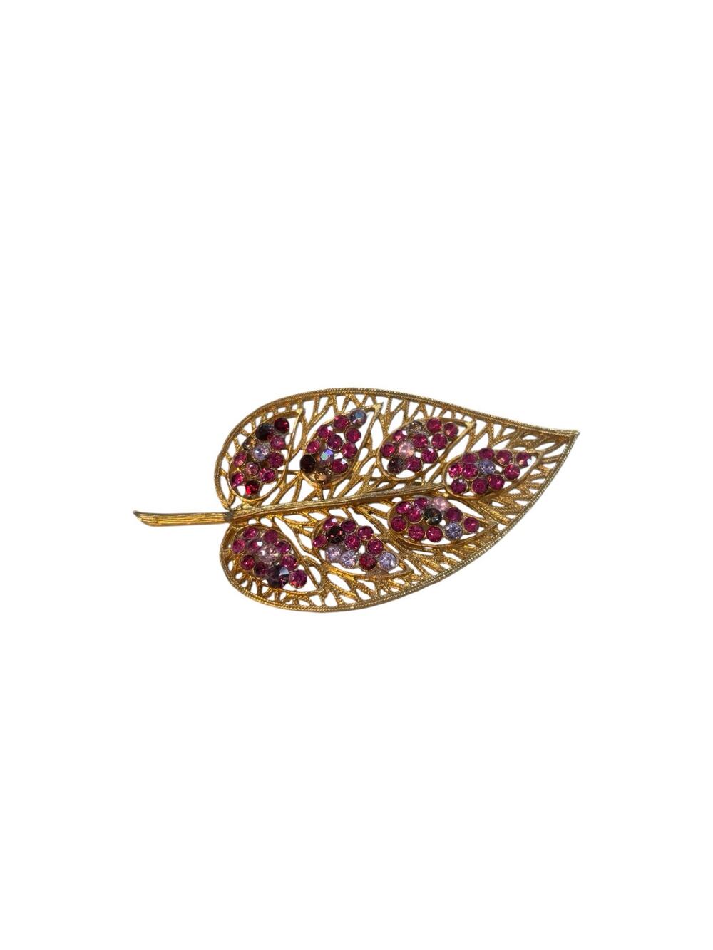 Vintage Gold Tone Leaf Brooch Pink Rhinestone Filigree Mid Century Statement Pin
